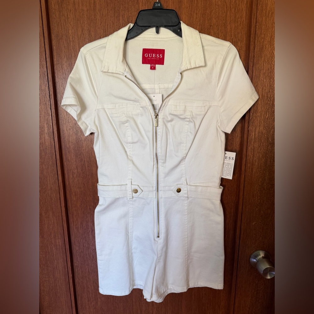 GUESS Cream Short-Sleeve Zip-Front Jumpsuit